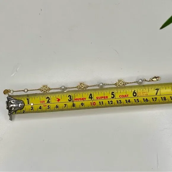 Tory Burch Kira Pavé Pearl Delicate Chain Bracelet Gold Plated Adjustable